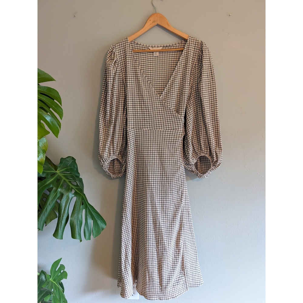 HM Beige Black Grid Puff Sleeve Wrap Midi Dress Cottagecore Fall Autumn Medium